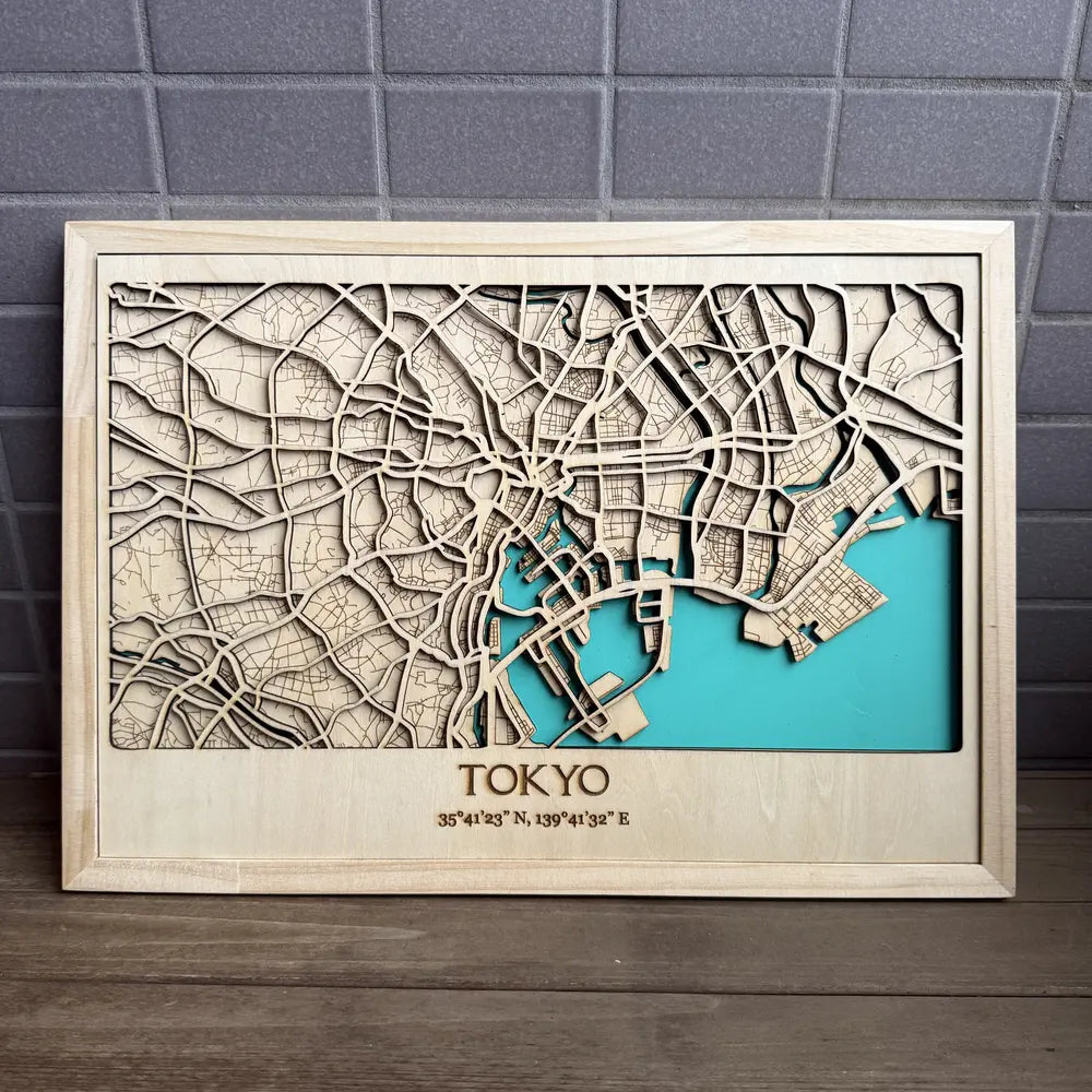 Laser-Cut Wooden Map of Tokyo
