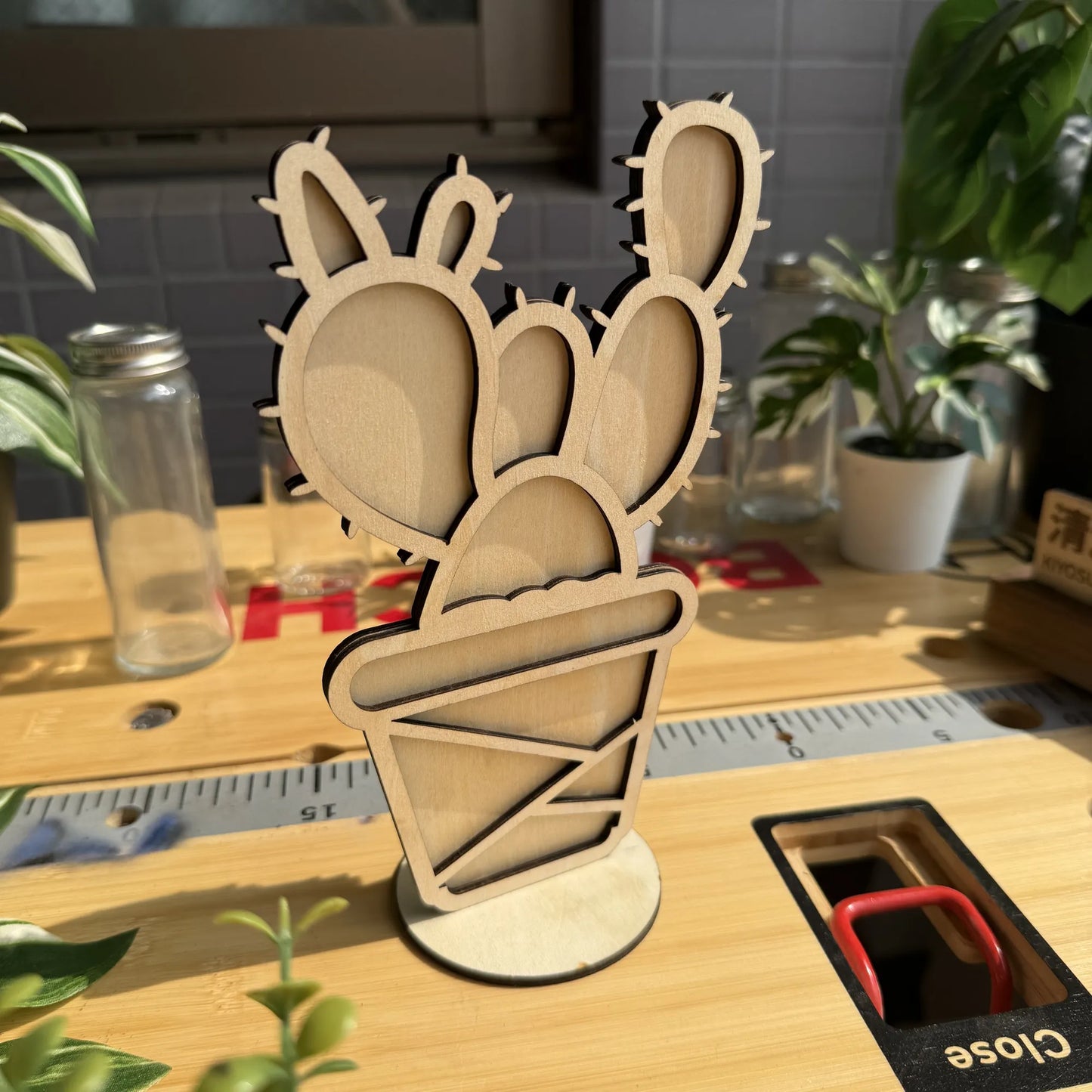 Laser-Cut Wooden Angel Wing Cactus – Handmade Opuntia Microdasys Desk Decor