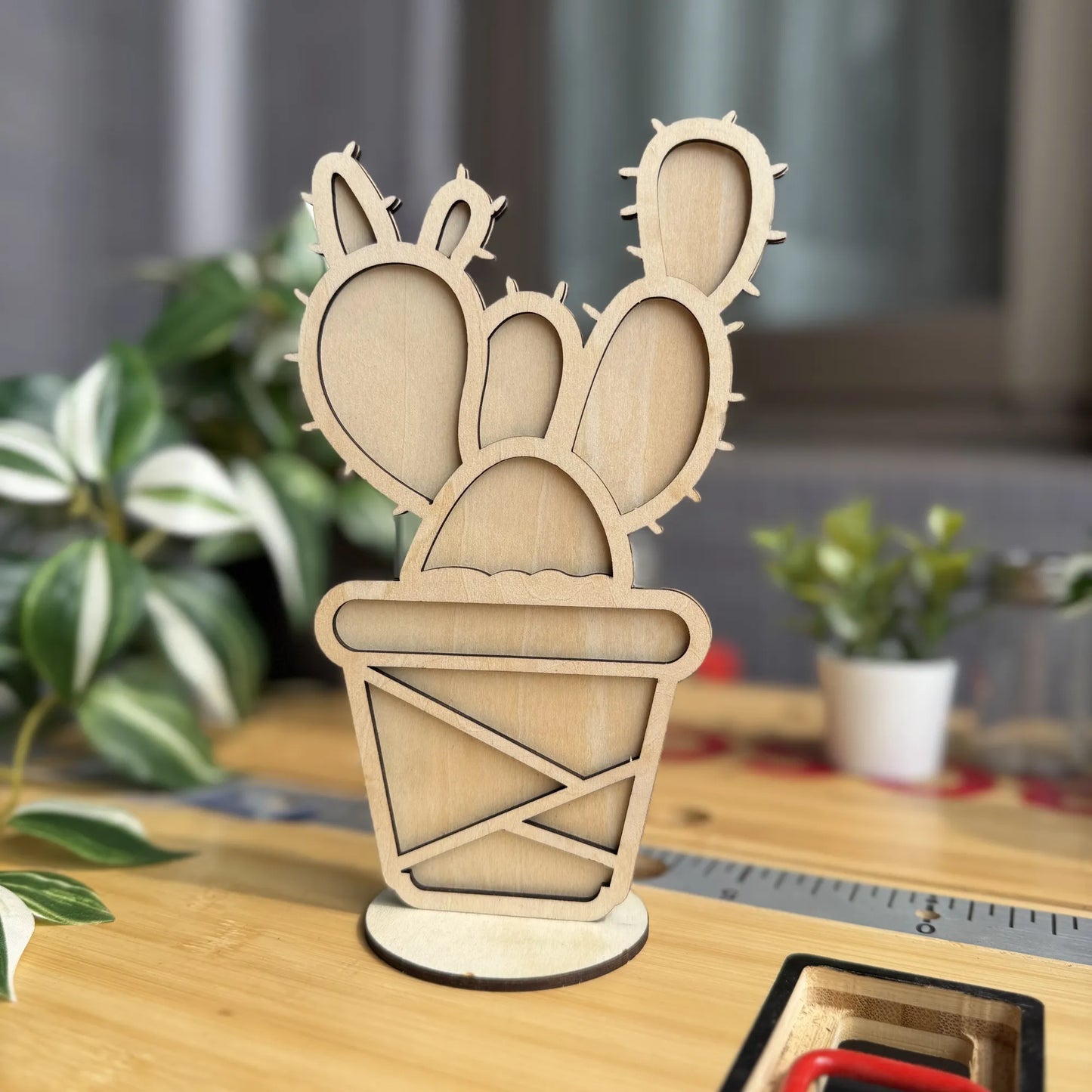 Laser-Cut Wooden Angel Wing Cactus – Handmade Opuntia Microdasys Desk Decor