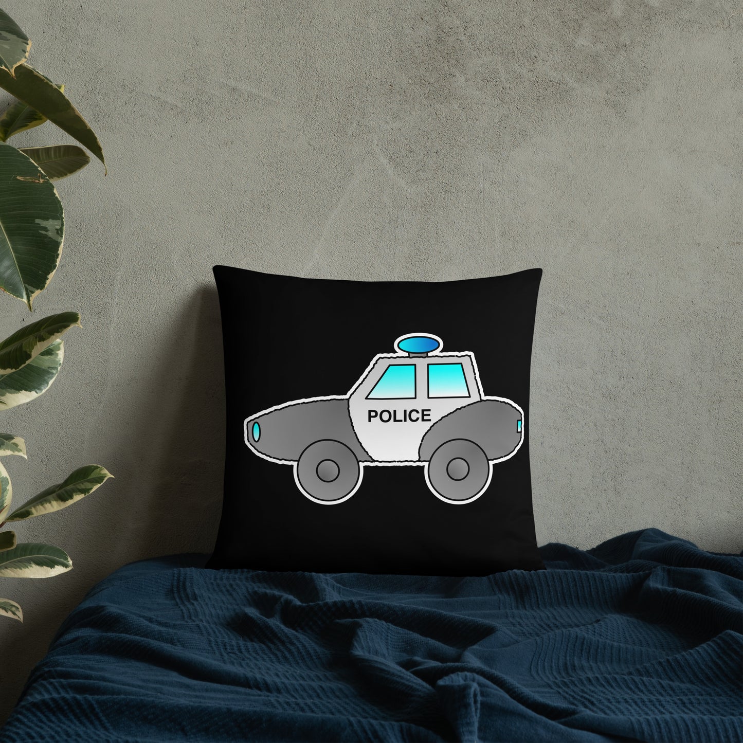 Personalized Police Car Pillow. Custom Black White Kids Toy P036