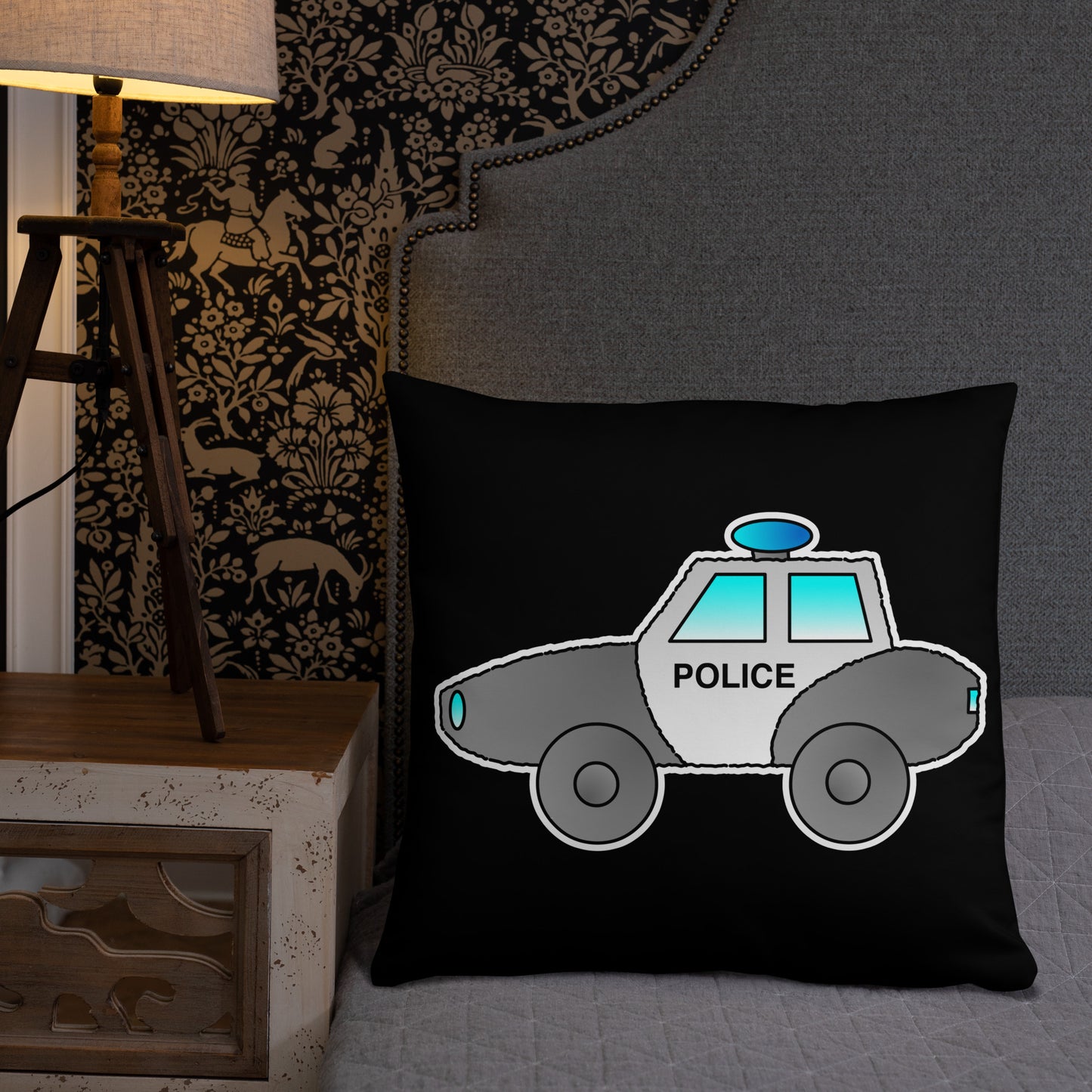 Personalized Police Car Pillow. Custom Black White Kids Toy P036