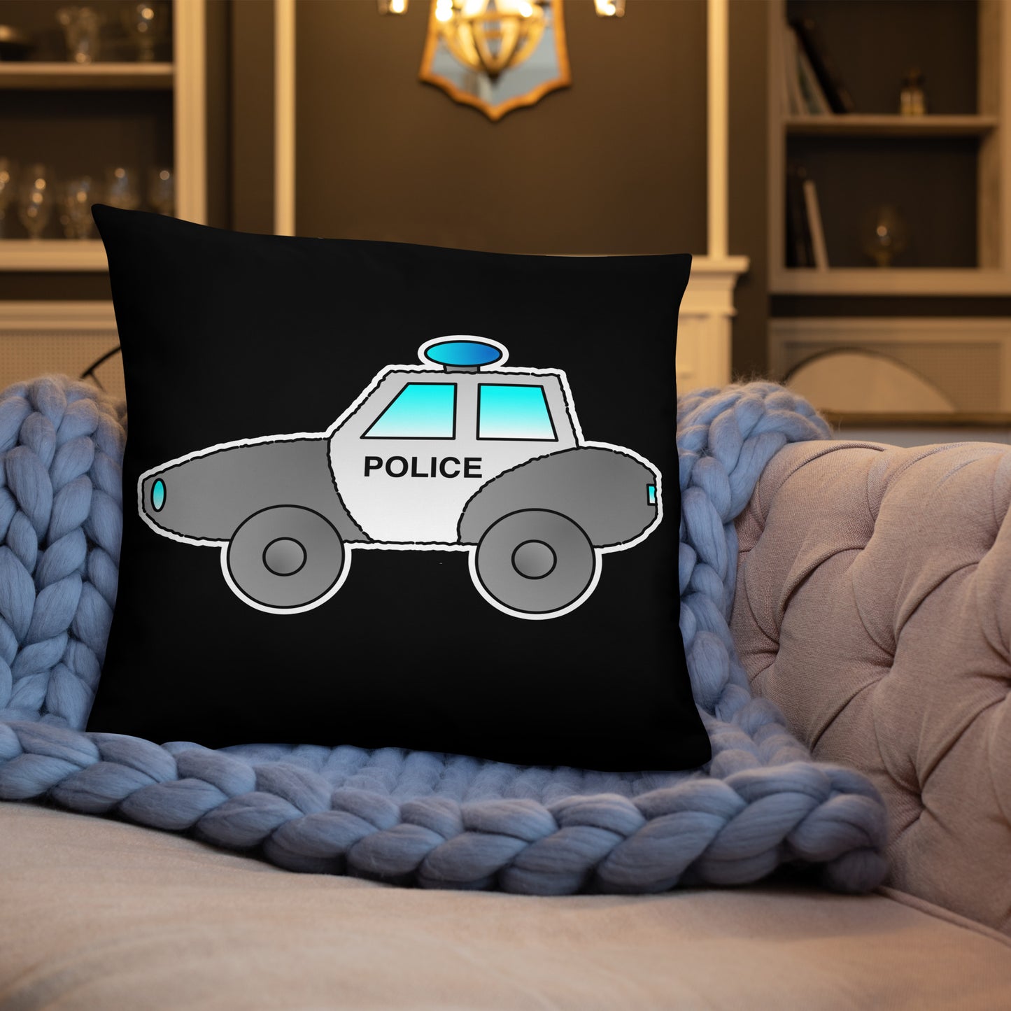 Personalized Police Car Pillow. Custom Black White Kids Toy P036