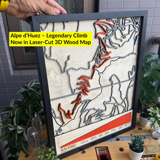 Alpe d’Huez Route Map – Handcrafted Wooden Cycling Map