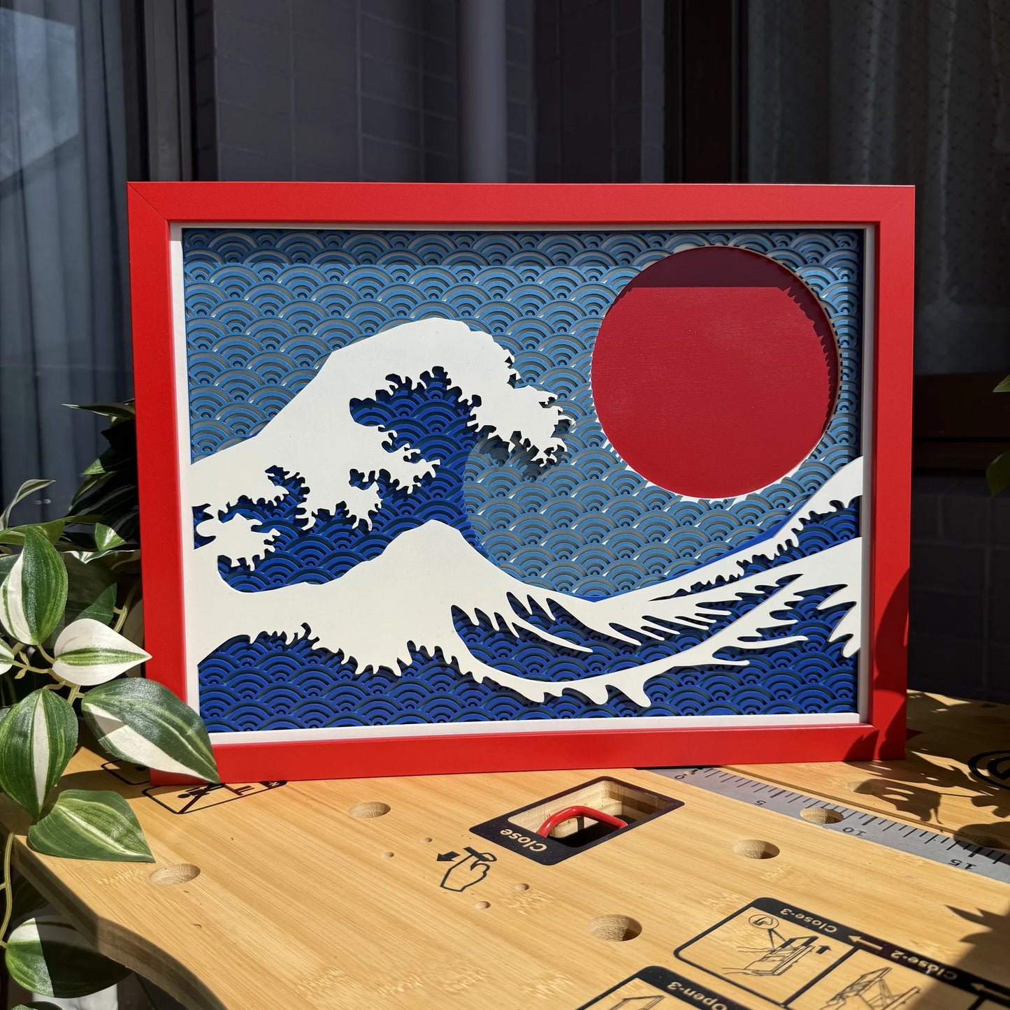 The Great Wave with Red Sun – Framed Japanese Artwork by Hokusai - A3