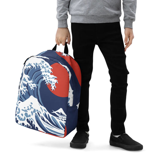 Hokusai Red Sun Backpack – Great Wave Minimalist All-Over Print Travel Bag