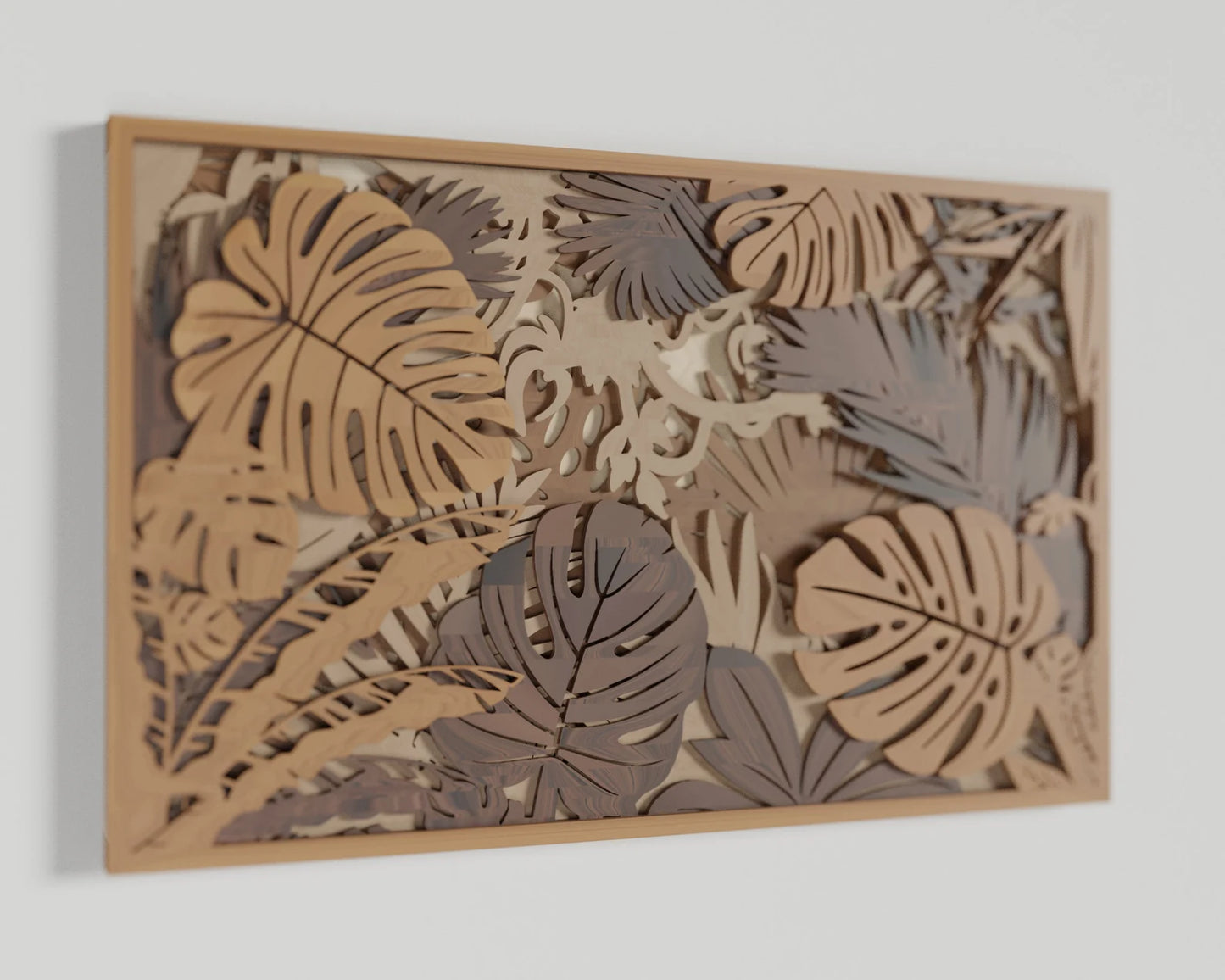 Tropical Monstera & Fern Wall Art – Layered Wood Scene Inspired by Okinawa Interiors
