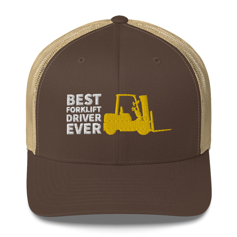 Best Forklift Driver Ever Cap. Trucker Cap With Embroidered Yellow Forklift
