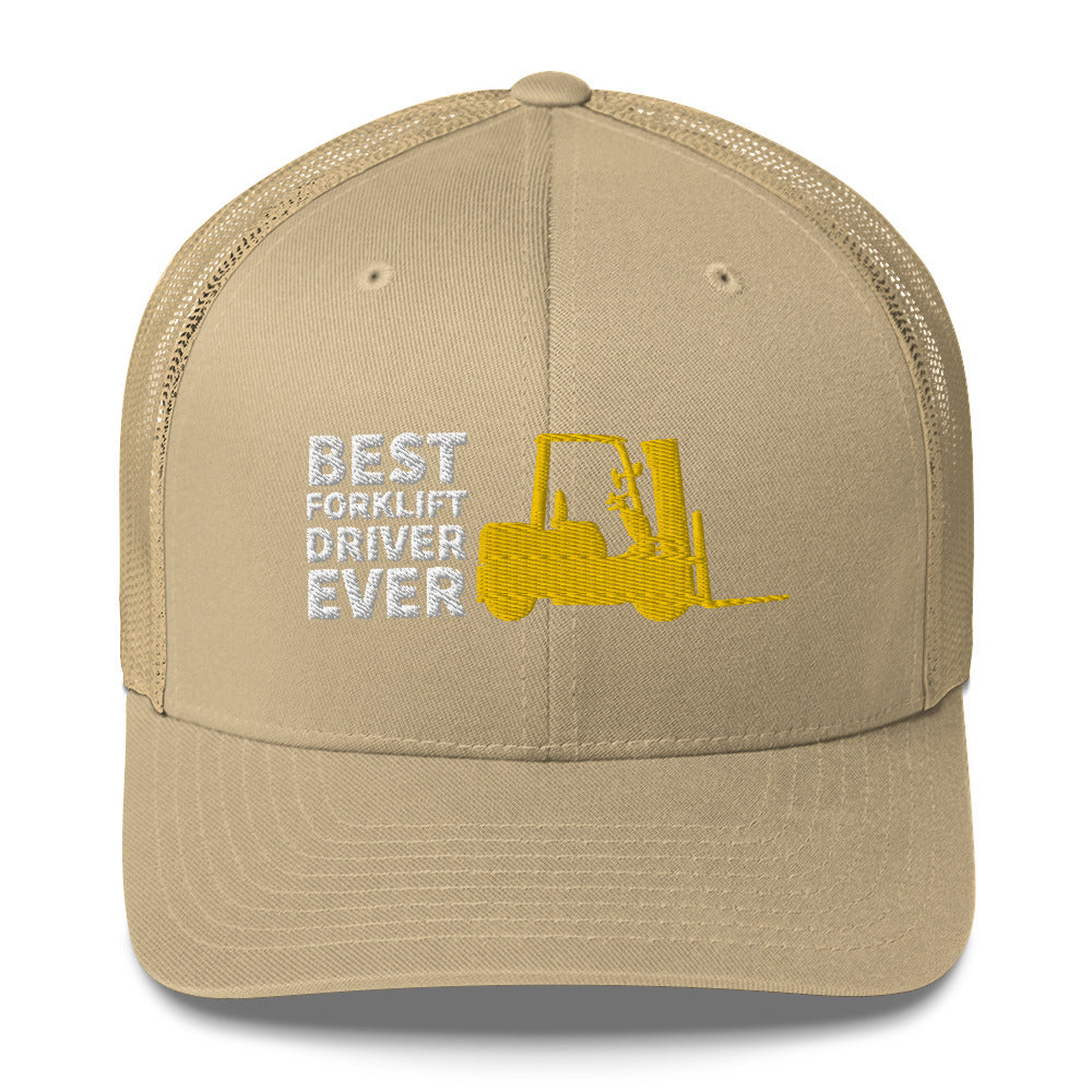 Best Forklift Driver Ever Cap. Trucker Cap With Embroidered Yellow Forklift