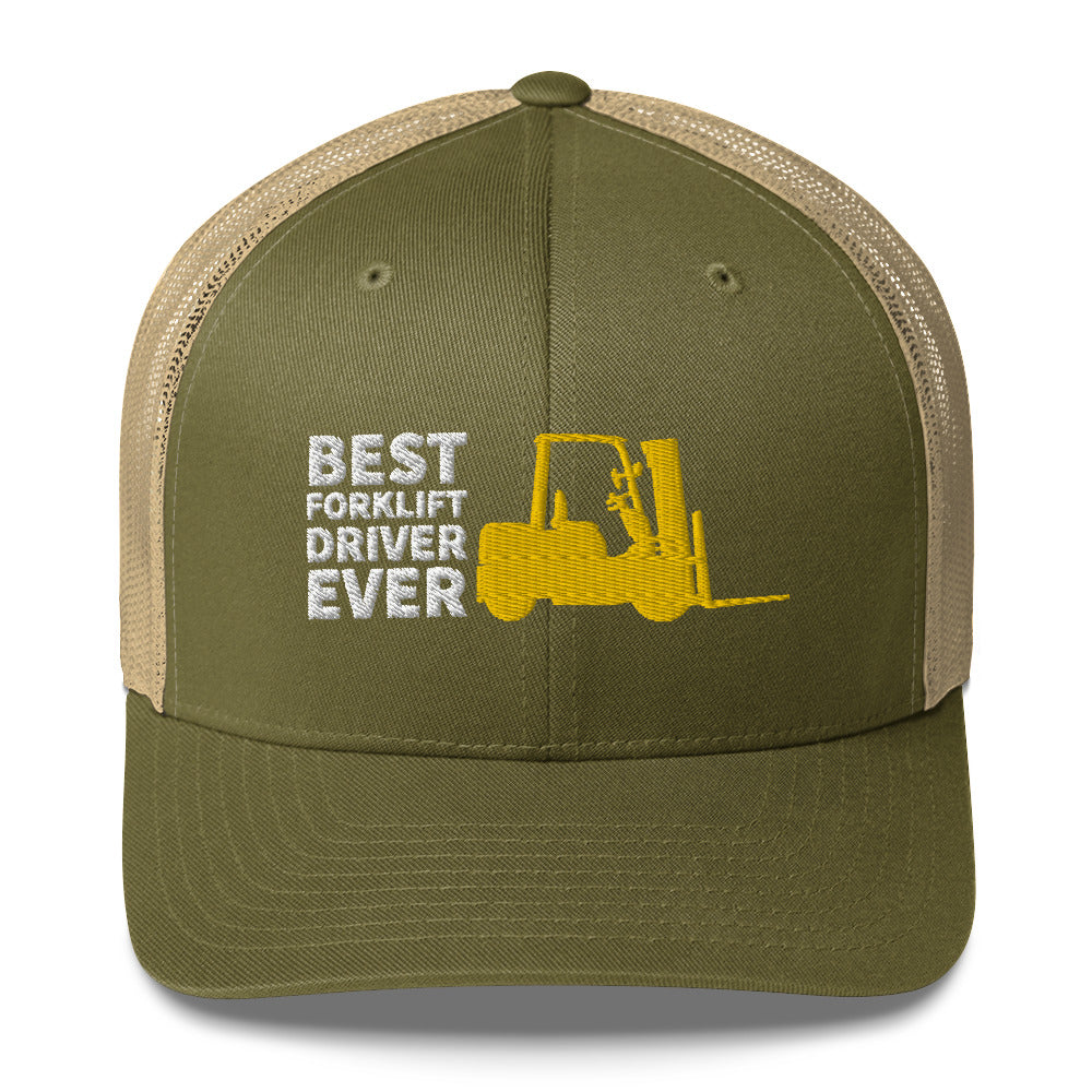 Best Forklift Driver Ever Cap. Trucker Cap With Embroidered Yellow Forklift