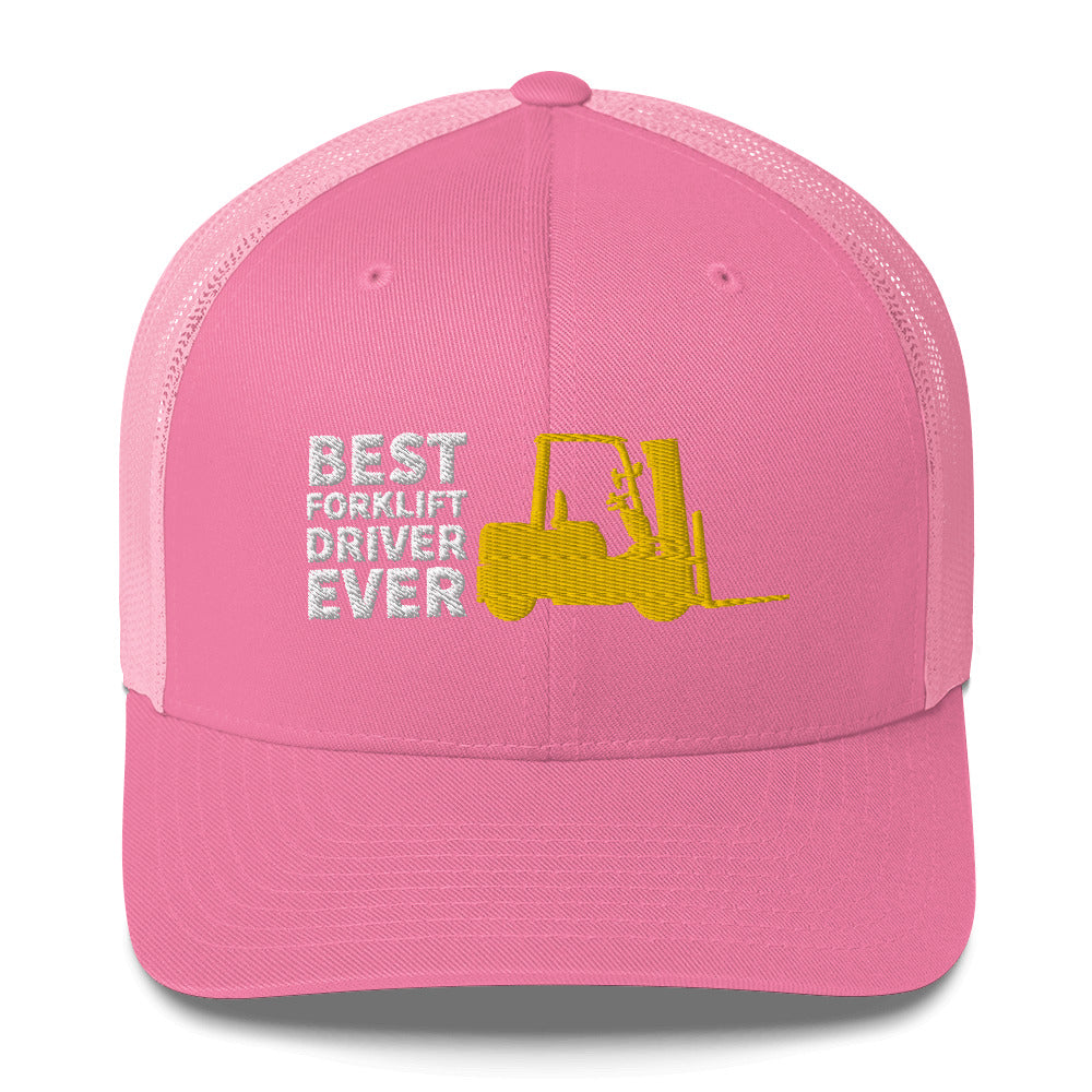 Best Forklift Driver Ever Cap. Trucker Cap With Embroidered Yellow Forklift