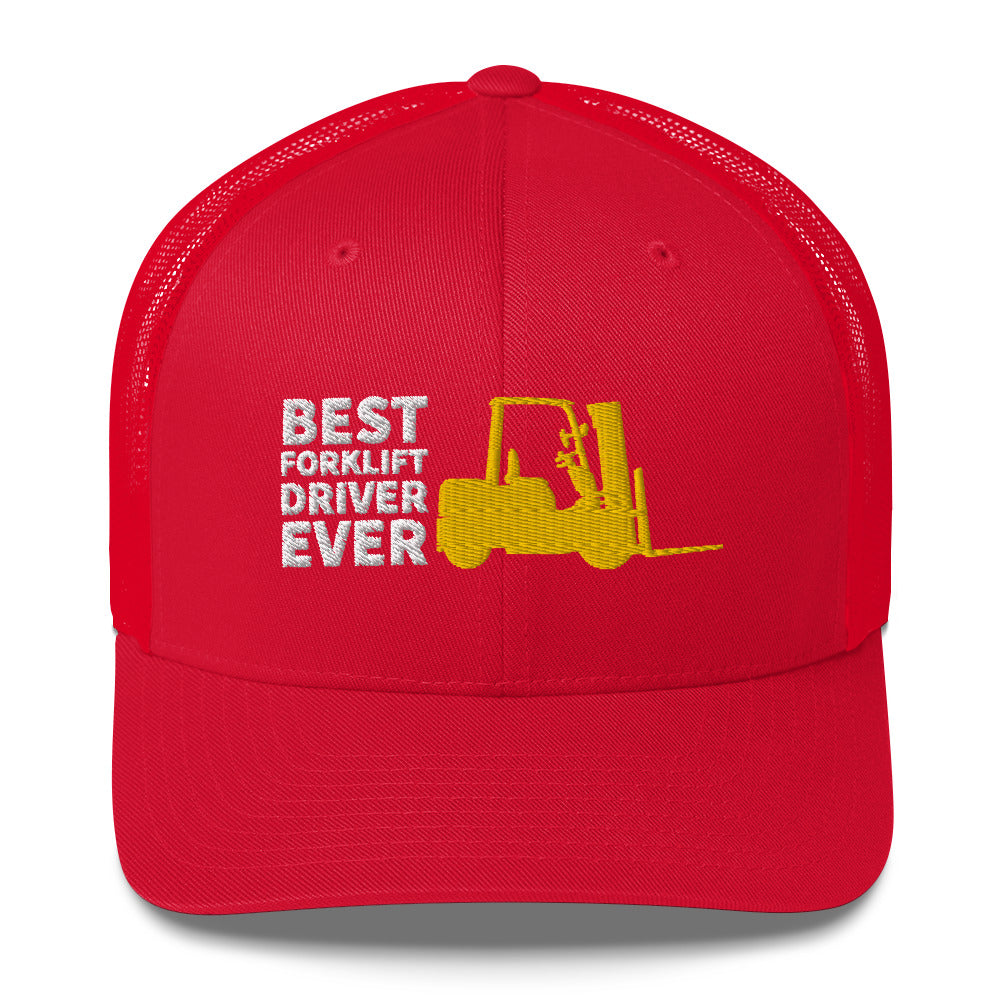 Best Forklift Driver Ever Cap. Trucker Cap With Embroidered Yellow Forklift