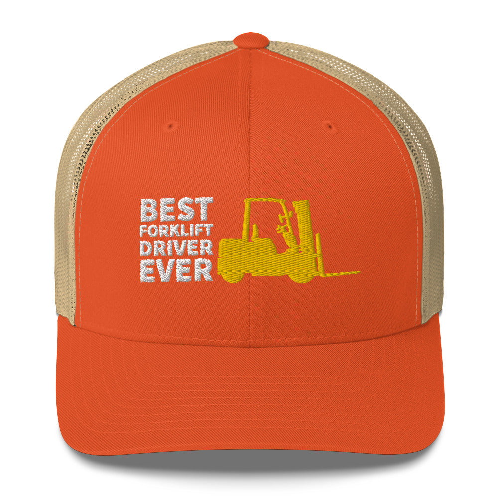 Best Forklift Driver Ever Cap. Trucker Cap With Embroidered Yellow Forklift