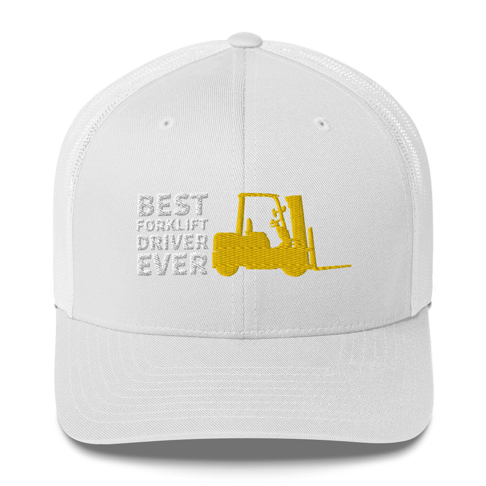Best Forklift Driver Ever Cap. Trucker Cap With Embroidered Yellow Forklift