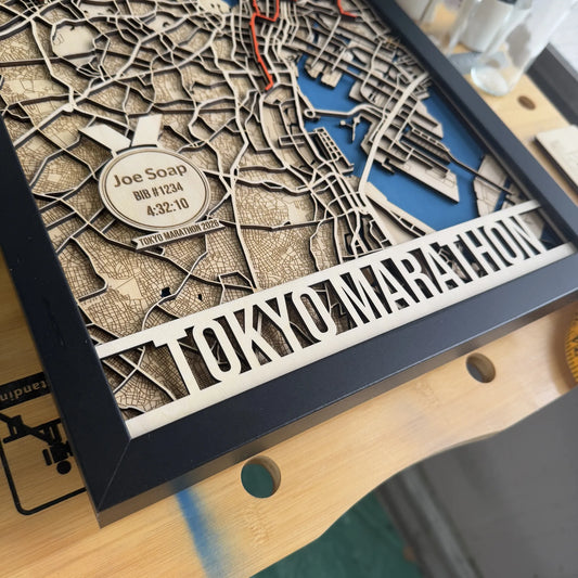 Tokyo Marathon Map – Handcrafted Wood Route Art