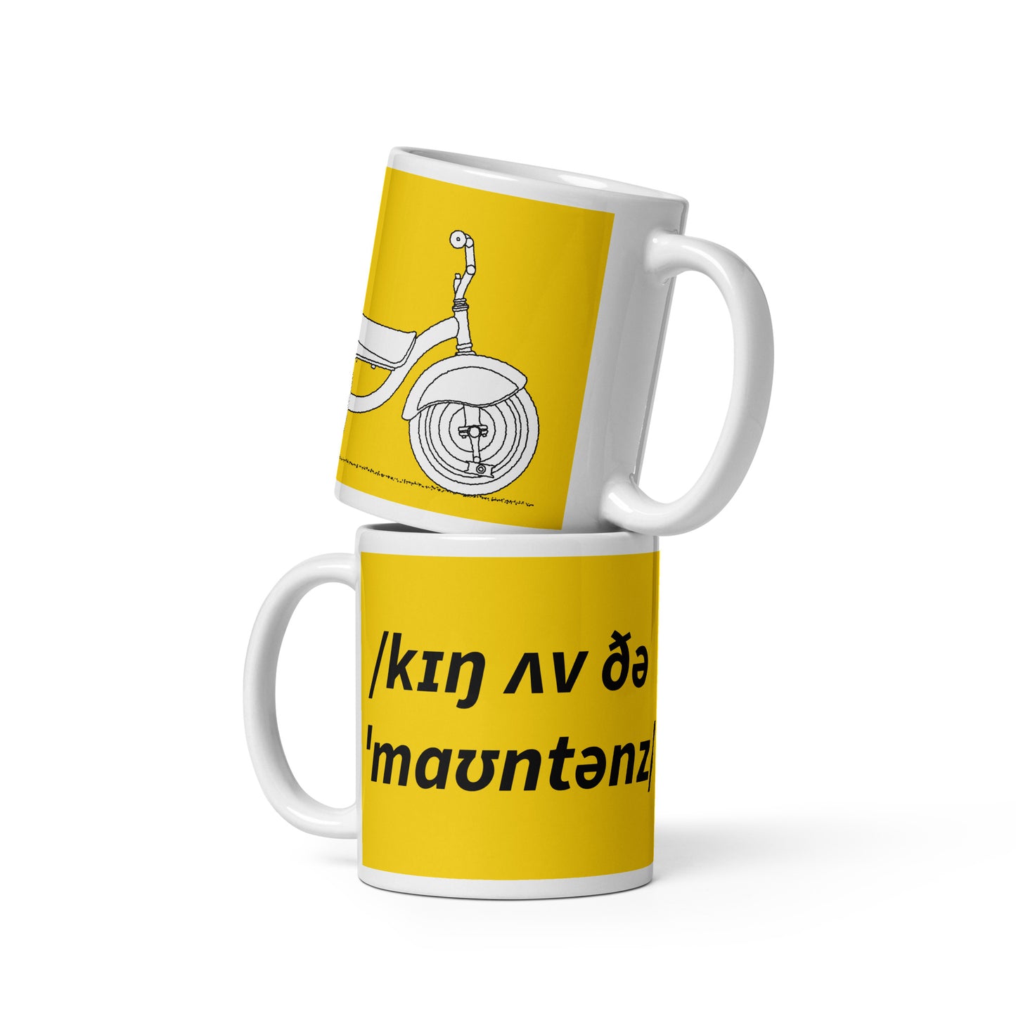 King Of The Mountains Cyclist Mug, Yellow, Phonetic Spelling