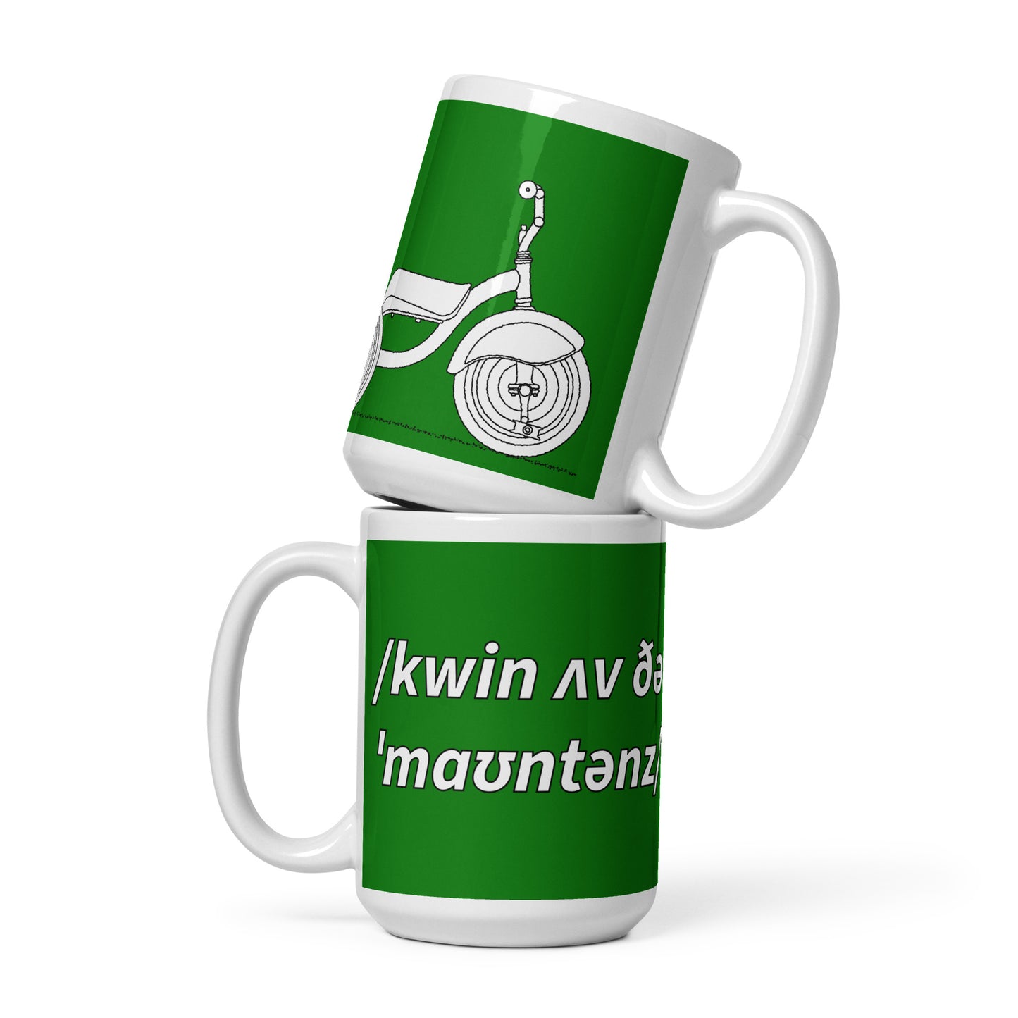 Queen Of The Mountains Mug, Cyclist Green, Phonetic Spelling