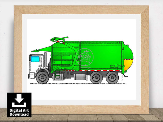 Garbage Truck, Green and White. Refuse Vehicle Print. Download E123