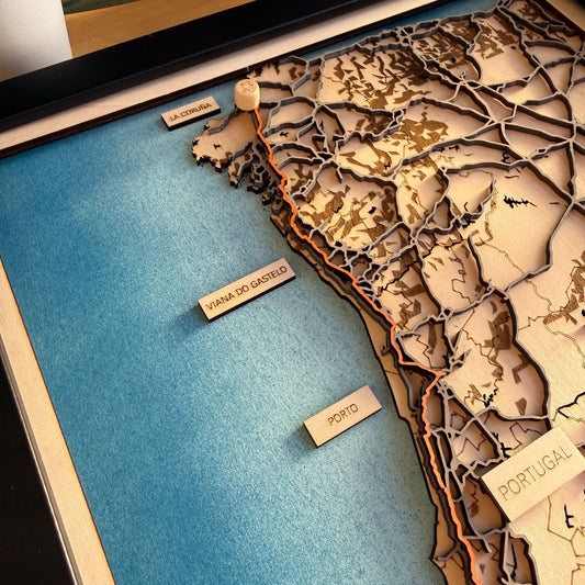 Laser Cutting a Layered Wooden Cycling Map – La Coruña to Faro Route