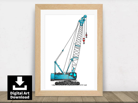 Blue Crawler Crane Print. Construction Heavy Machinery. DOWNLOAD E081
