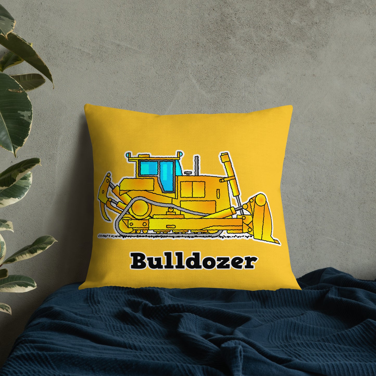Bulldozer Pillow. Custom Yellow Digger Cushion. Personalized Construction P014