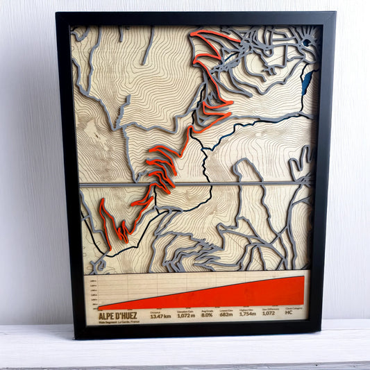 Alpe d’Huez Cycling Climb Map – 3D Wood Wall Art for Cyclists