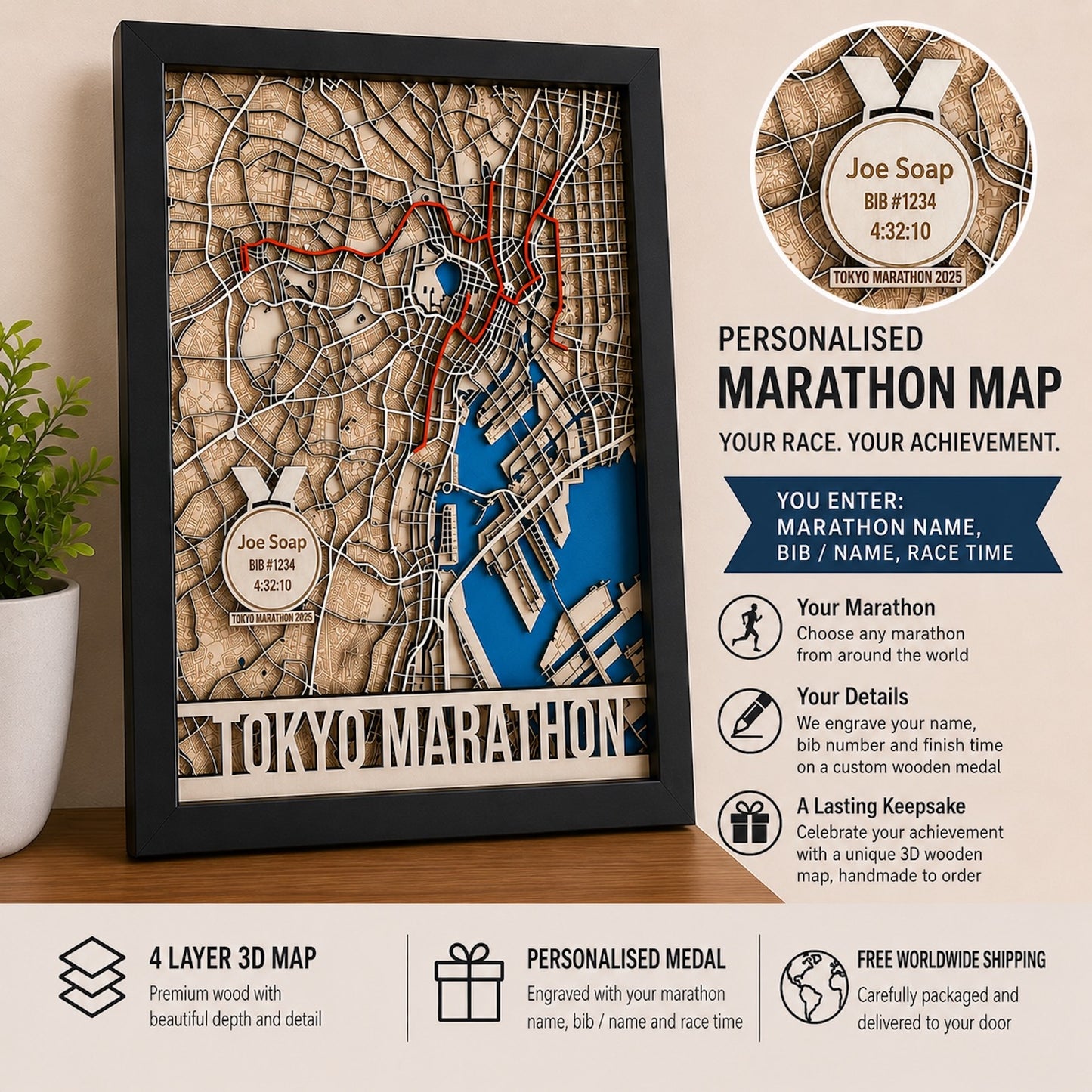 Custom Marathon Route Map – Layered Wood