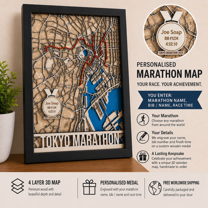 Custom Marathon Route Map – Layered Wood