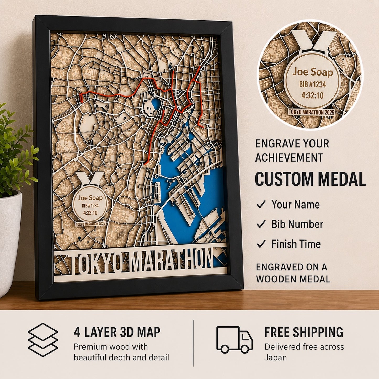 Tokyo Marathon Route Map – Layered Wood
