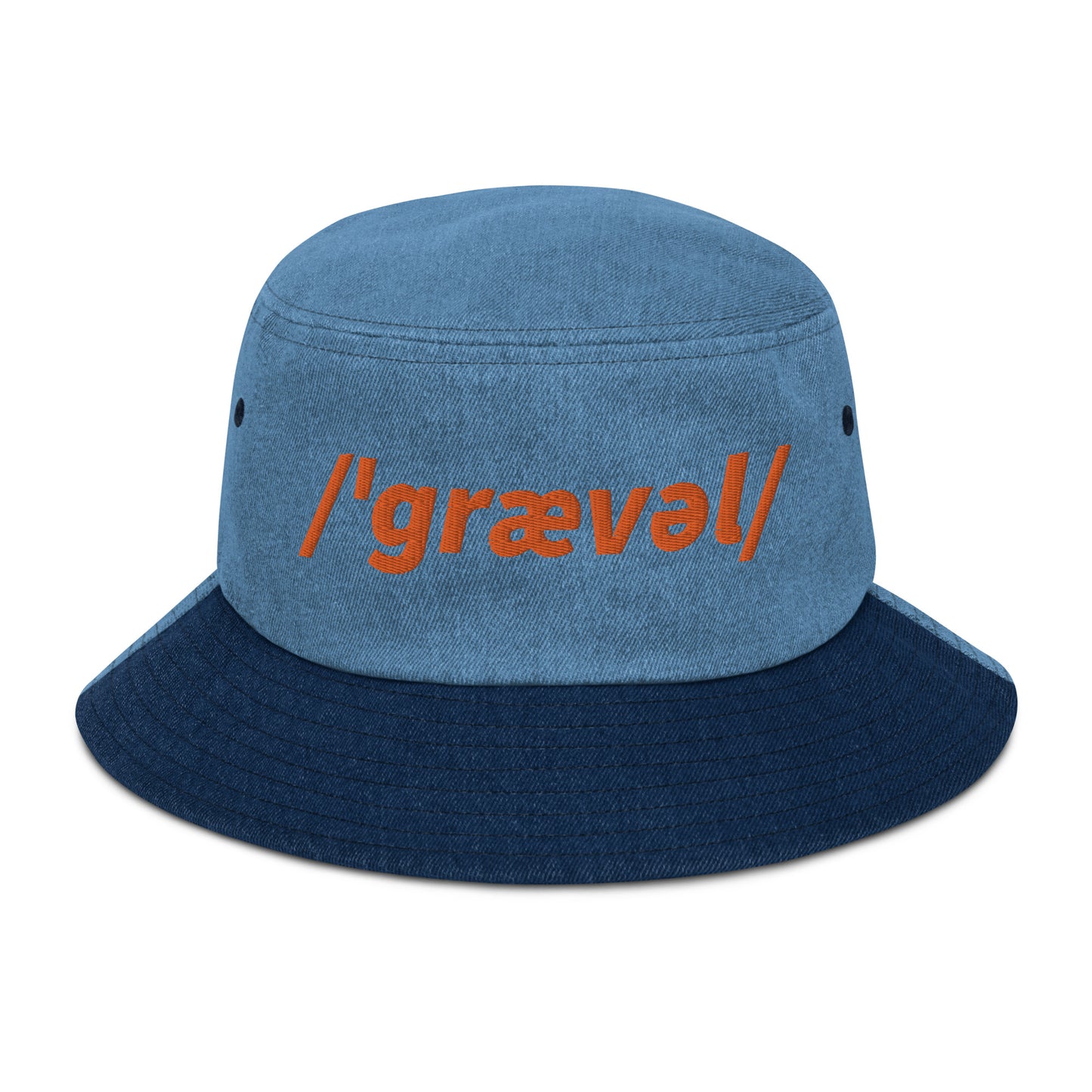 Gravel Embroidered Denim Bucket Hat, Phonetic Spelling, Adult