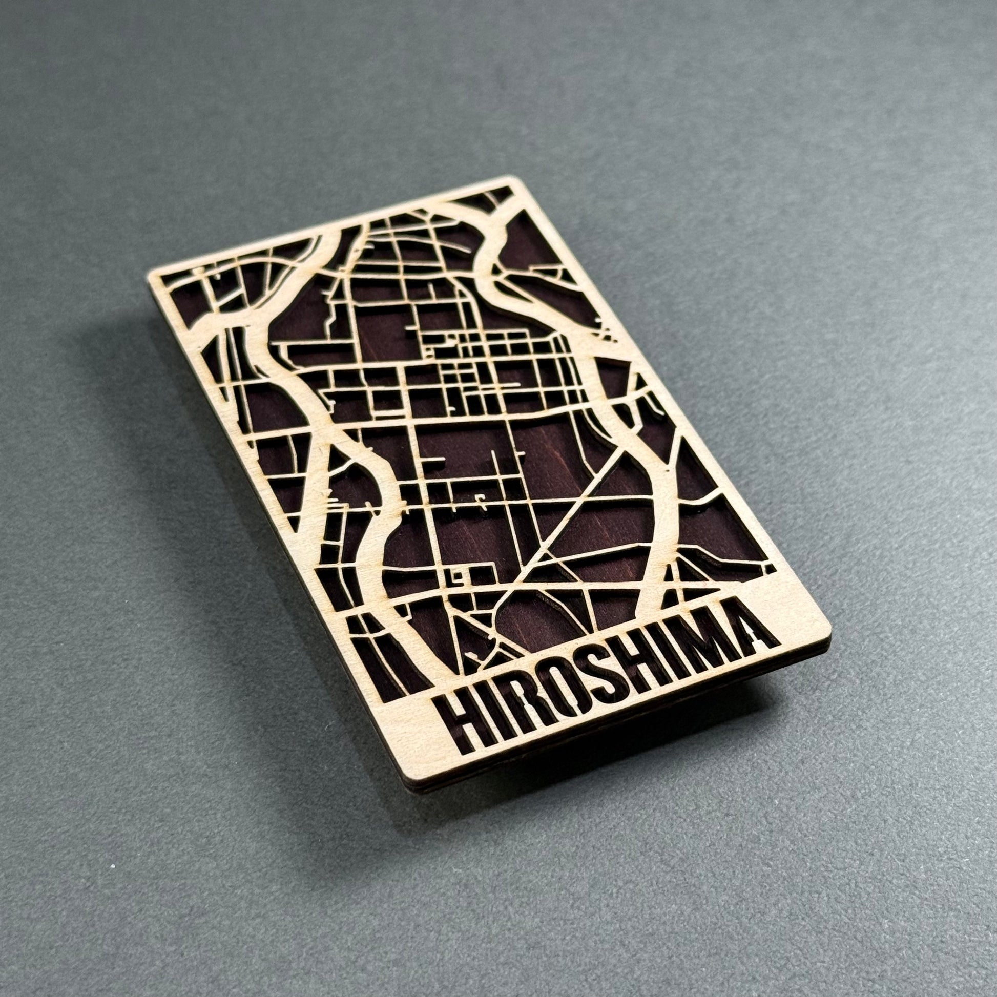 Handcrafted wooden mini map of Hiroshima made in Japan