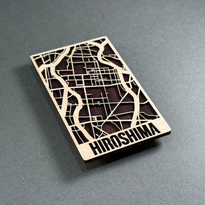 Handcrafted wooden mini map of Hiroshima made in Japan
