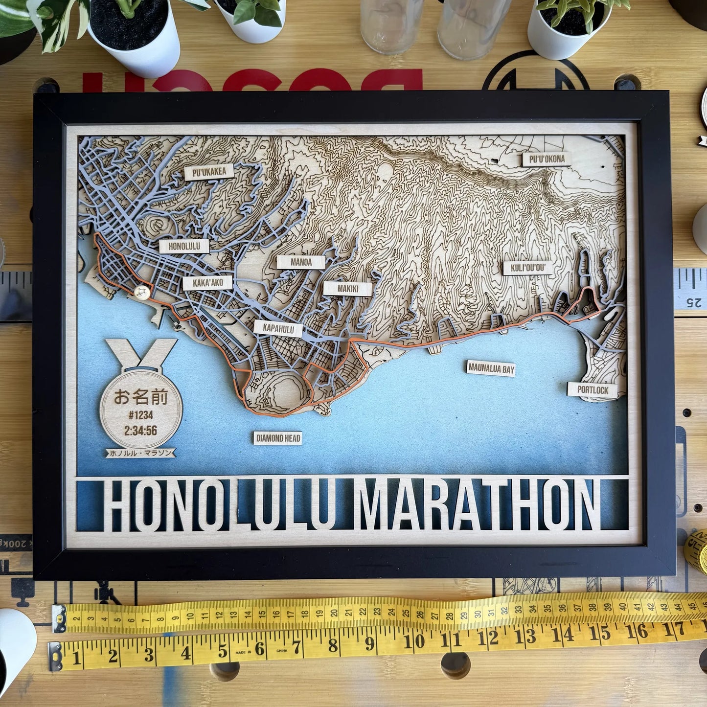 Honolulu Marathon Course Map – Handcrafted Wooden Route Map