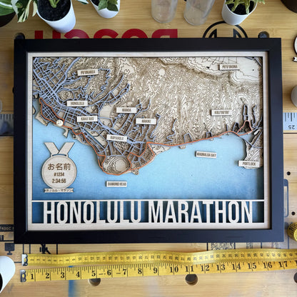 Honolulu Marathon Course Map – Handcrafted Wooden Route Map