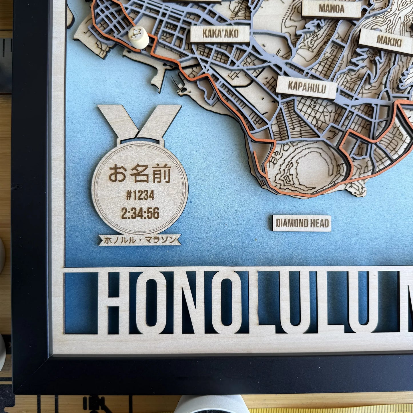 Honolulu Marathon Course Map – Handcrafted Wooden Route Map