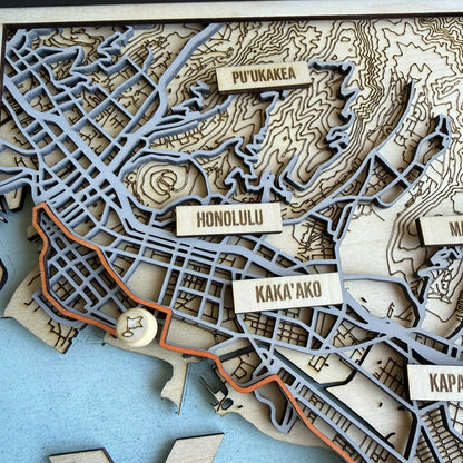 Honolulu Marathon Course Map – Handcrafted Wooden Route Map