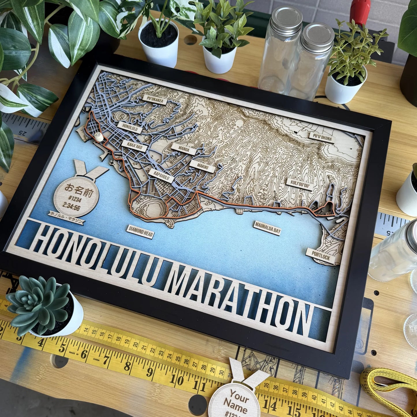 Honolulu Marathon Course Map – Handcrafted Wooden Route Map
