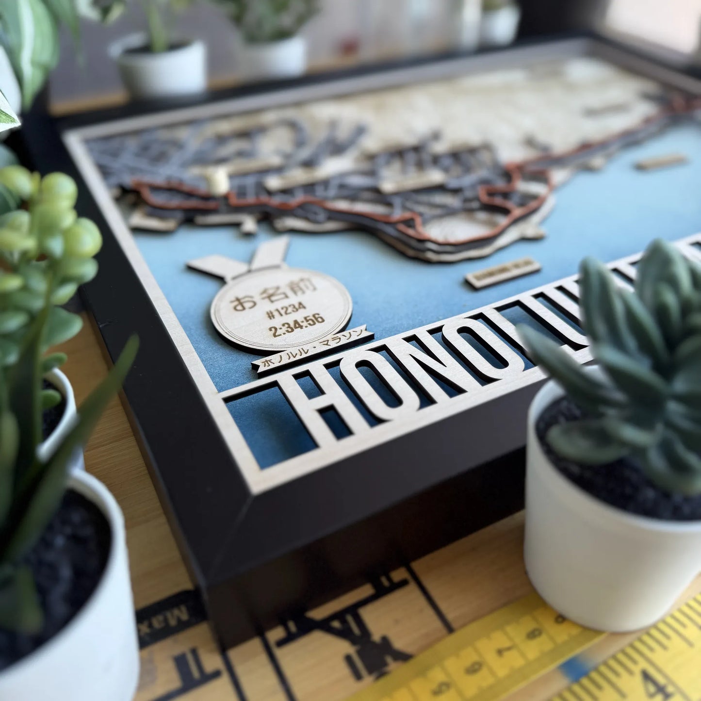 Honolulu Marathon Course Map – Handcrafted Wooden Route Map