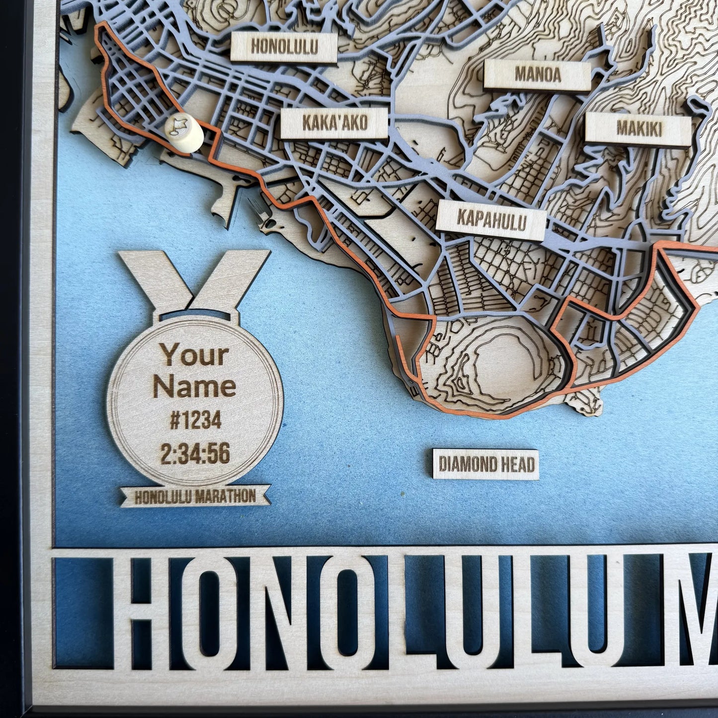 Honolulu Marathon Course Map – Handcrafted Wooden Route Map