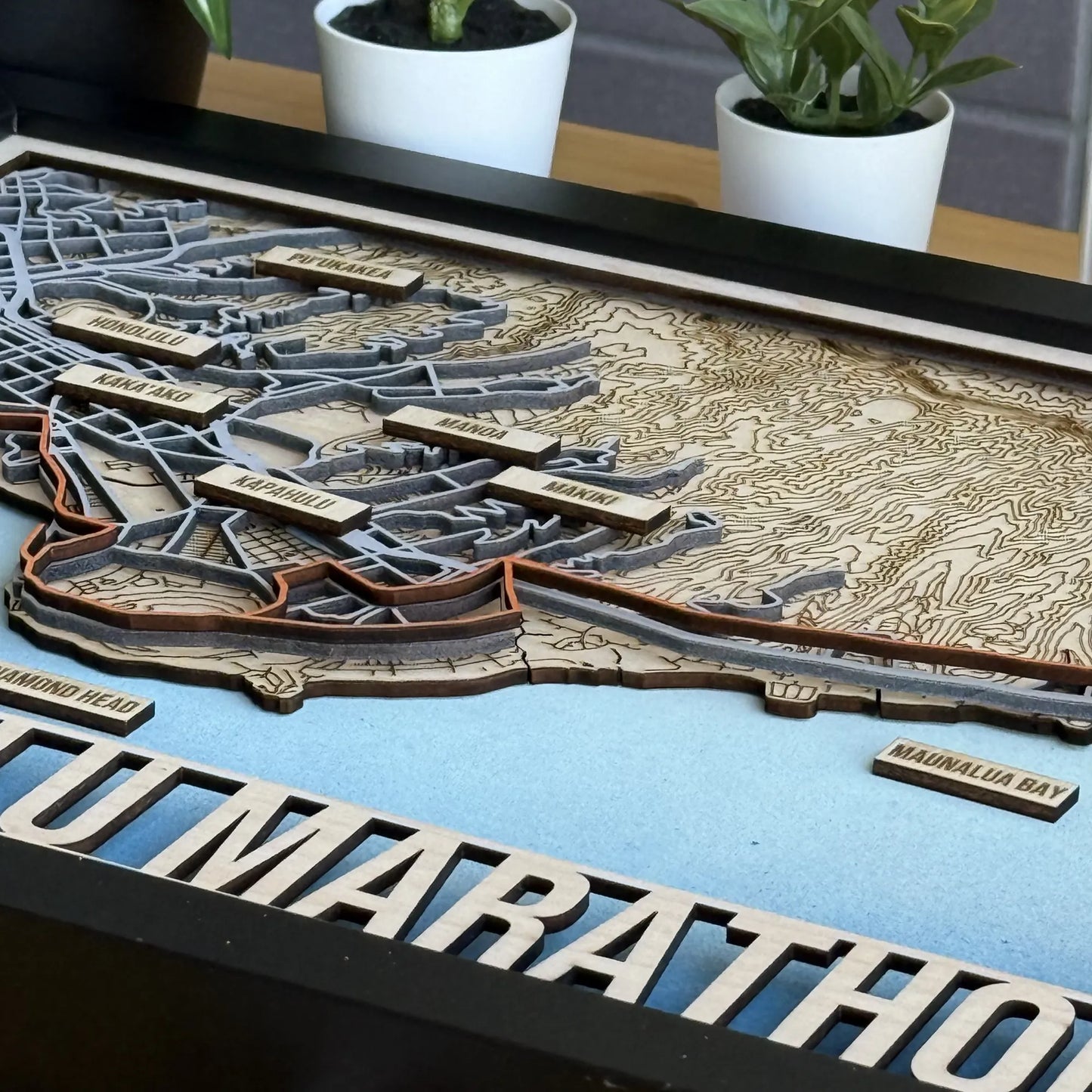 Honolulu Marathon Course Map – Handcrafted Wooden Route Map