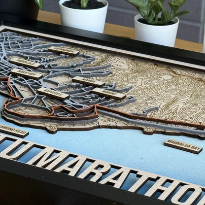 Honolulu Marathon Course Map – Handcrafted Wooden Route Map