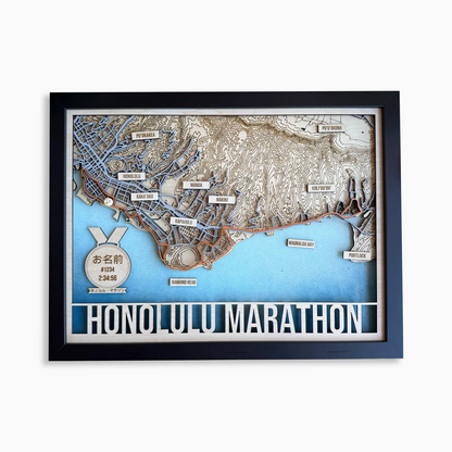 Honolulu Marathon Course Map – Handcrafted Wooden Route Map