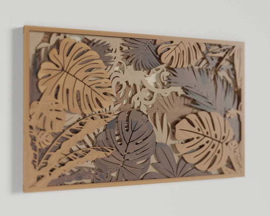 Tropical Monstera & Fern Wall Art – Layered Wood Scene Inspired by Okinawa Interiors