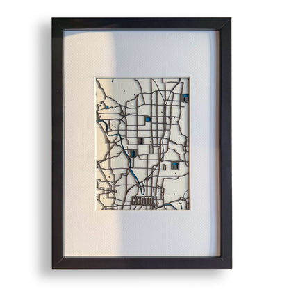 Handcrafted A4 framed layered map of Kyoto made in Japan