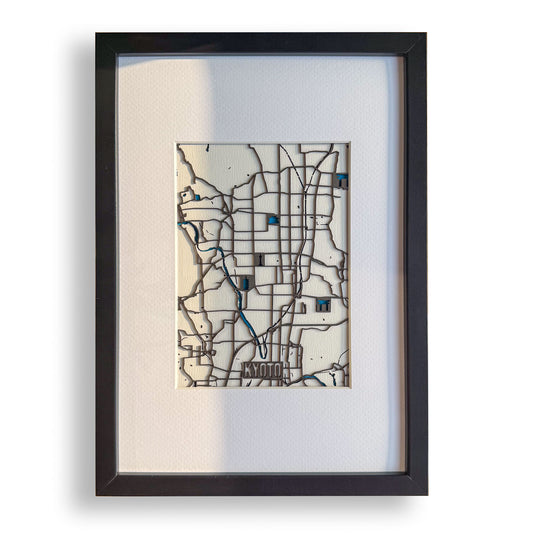Handcrafted A4 framed layered map of Kyoto made in Japan