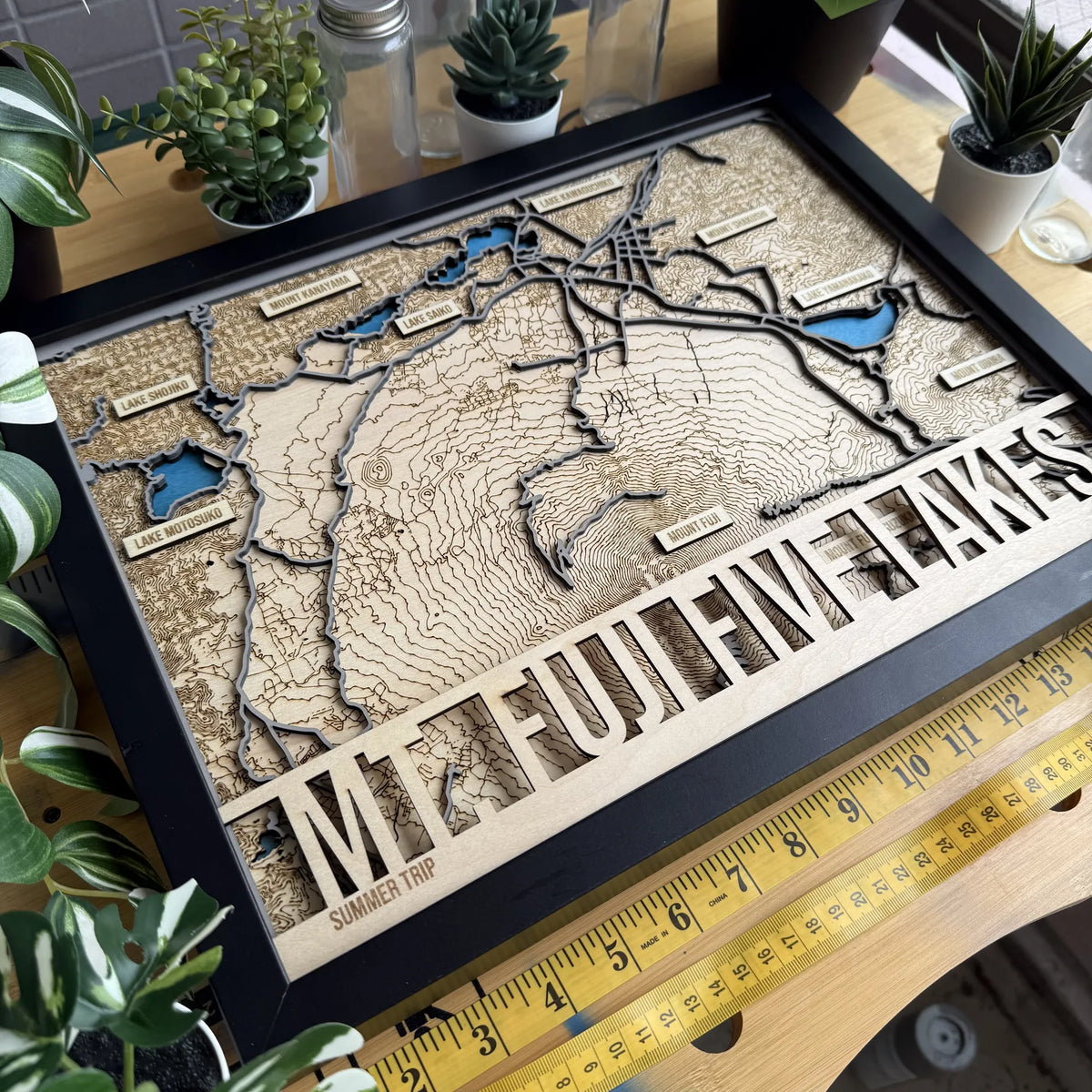 Handcrafted layered wooden map of Mount Fuji and the Fuji Five Lakes in Japan
