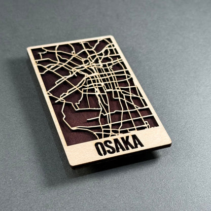 Handcrafted wooden mini map of Osaka made in Japan