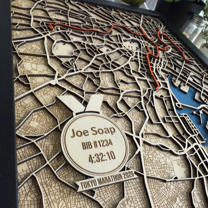 Tokyo Marathon Map – Handcrafted Wood Route Art – Runner Gift
