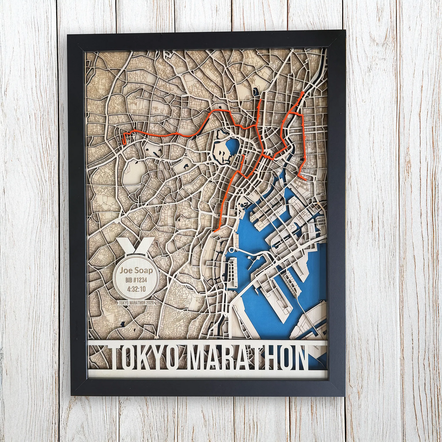 Tokyo Marathon Map – Handcrafted Wood Route Art – Runner Gift