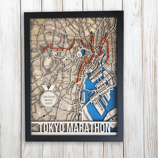 Tokyo Marathon Map – Handcrafted Wood Route Art – Runner Gift