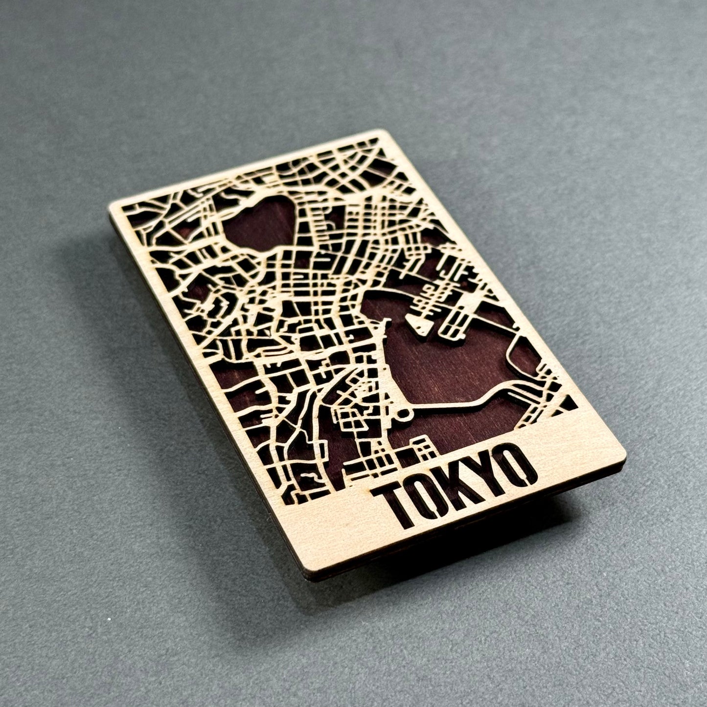 Handcrafted wooden mini map of Tokyo made in Japan